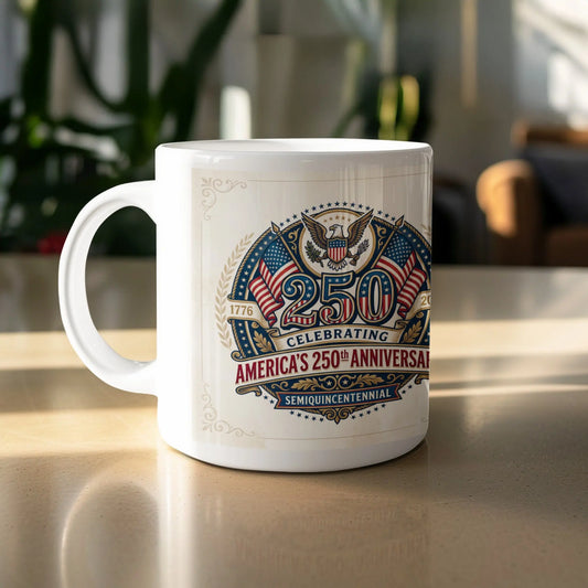 White mug with American flag and eagle design celebrating "America's 250th Anniversary."