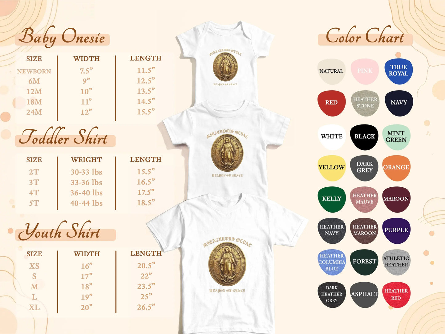 Size chart for baby onesies, toddler shirts, and youth shirts with color options.