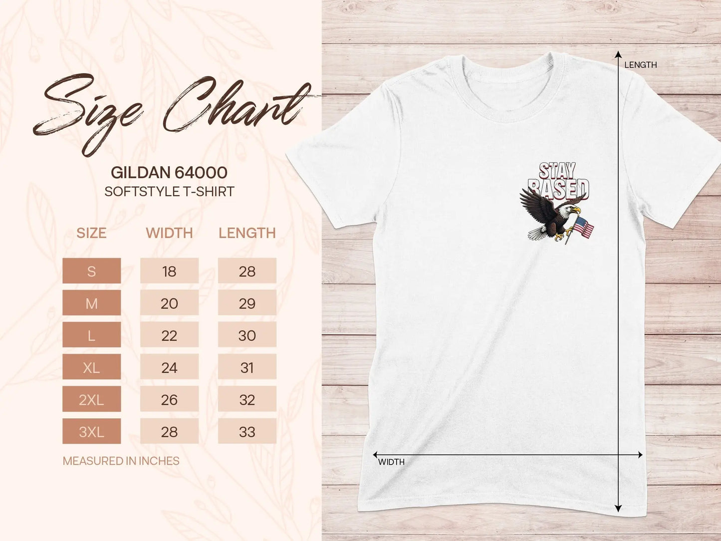 Gildan 64000 softstyle t-shirt size chart with eagle graphic.