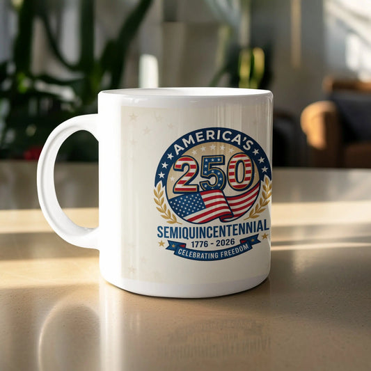 White mug with "America's 250 Semiquincentennial 1776-2026 Celebrating Freedom" graphic.