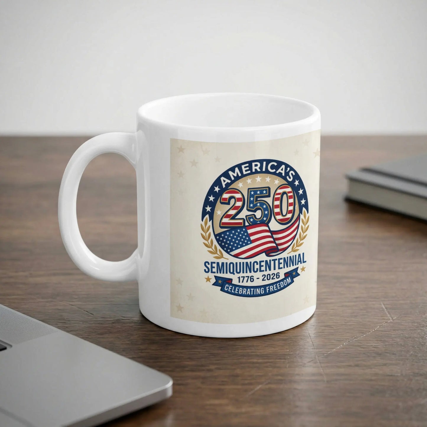 White mug with America's Semiquincentennial 250th celebration logo.