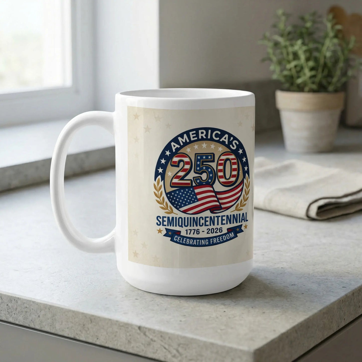 White mug with America's Semiquincentennial logo celebrating 1776-2026.