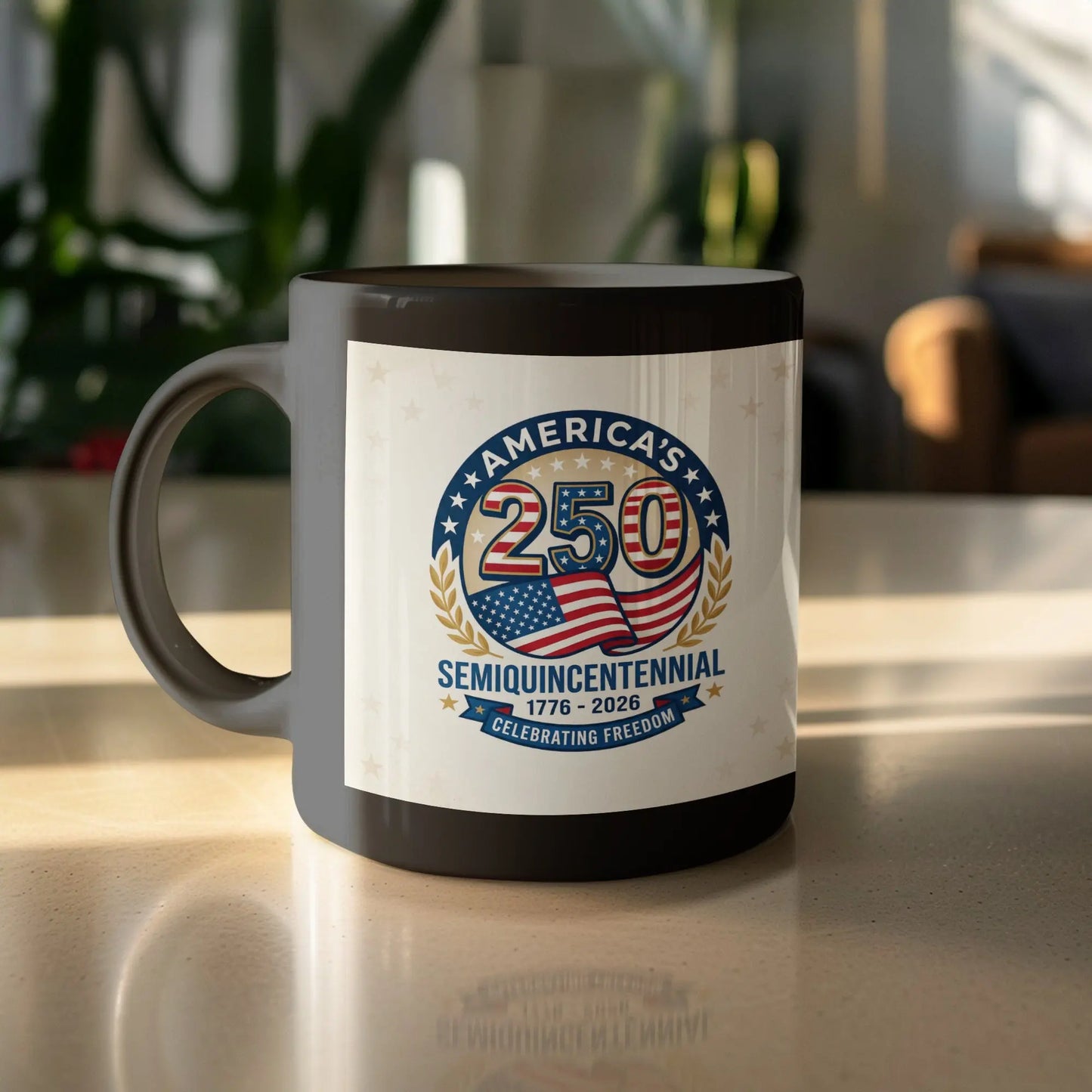 Mug with "America's 250 Semiquincentennial 1776-2026 Celebrating Freedom" design.
