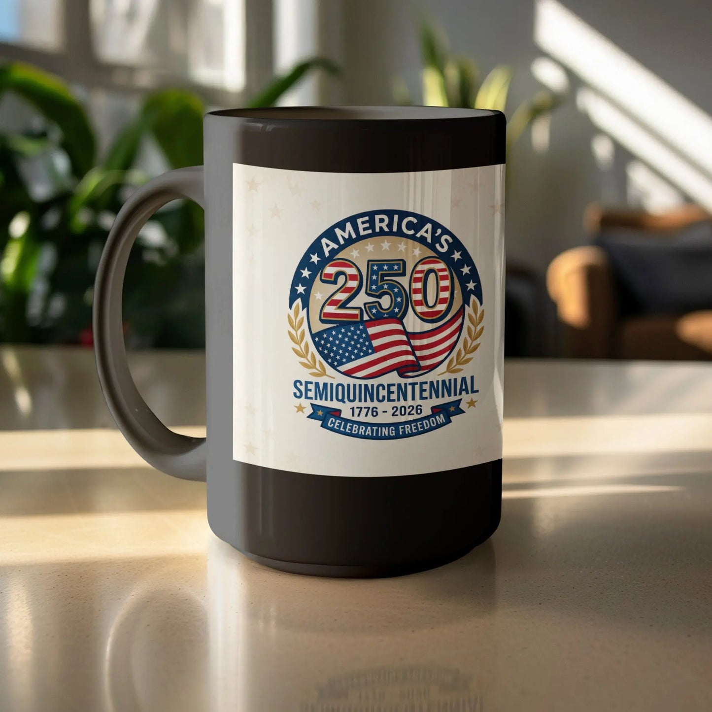 Black mug with America's 250 Semiquincentennial logo celebrating freedom