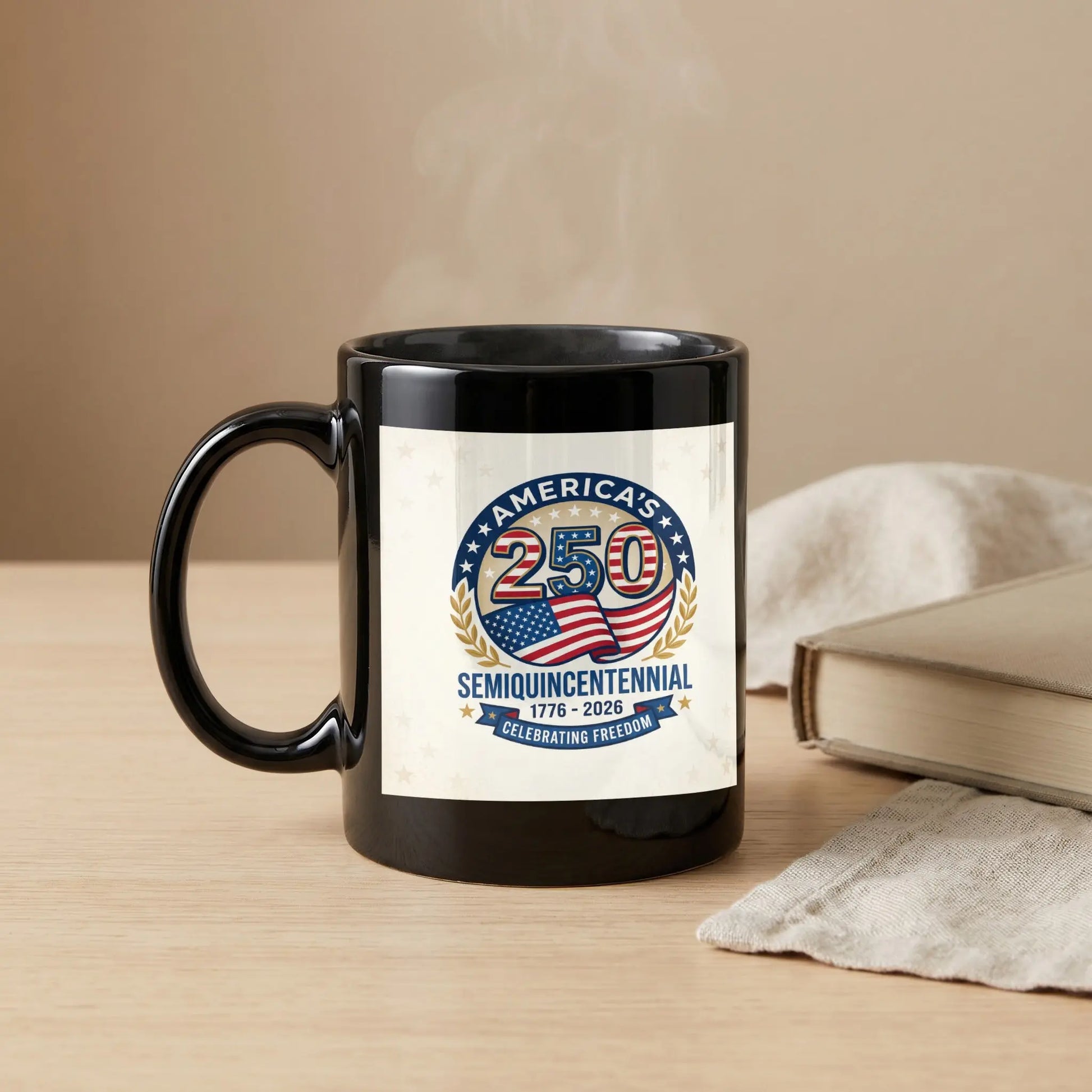 Black mug with America's Semiquincentennial 1776-2026 design, celebrating freedom.