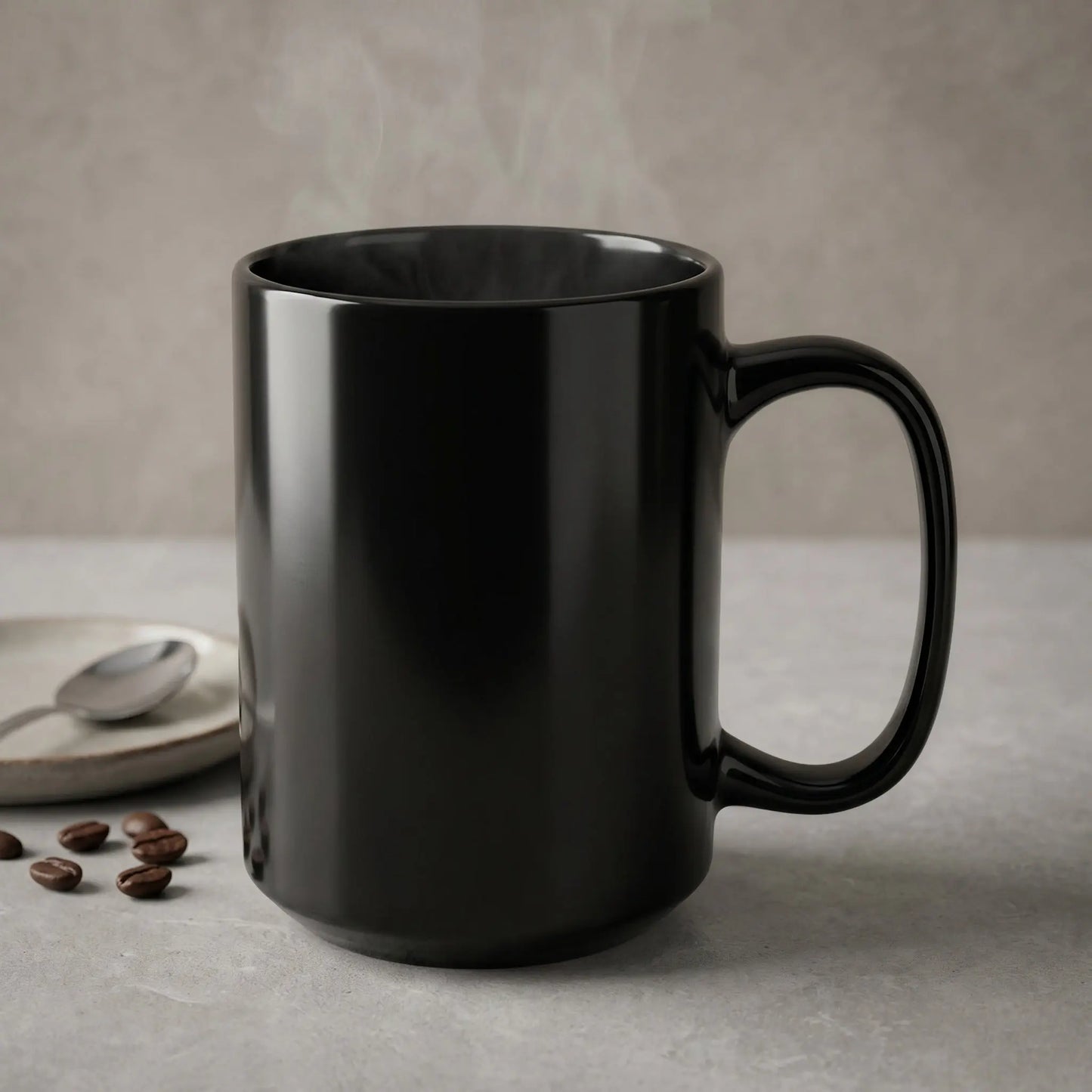 Black ceramic mug with steam, coffee beans, and spoon on textured surface.