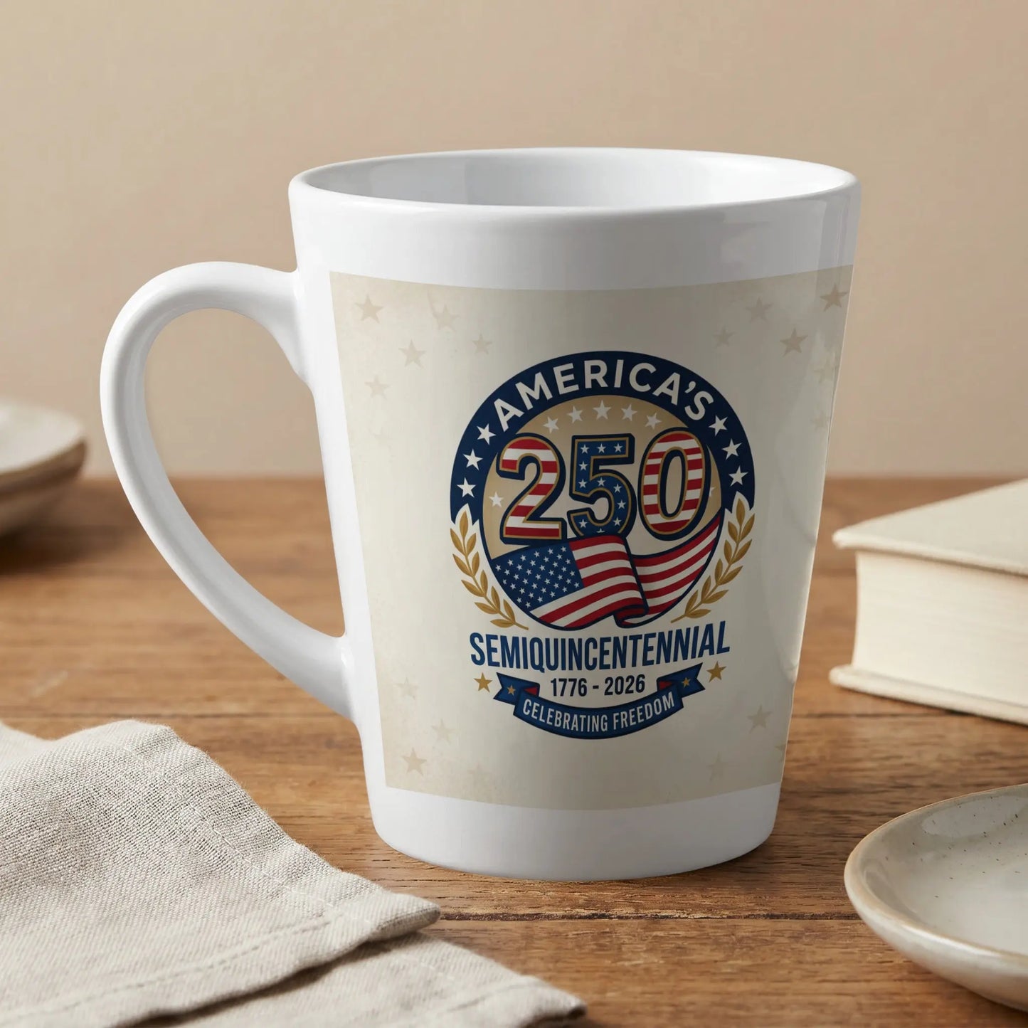 White mug with America's Semiquincentennial 250th anniversary design.