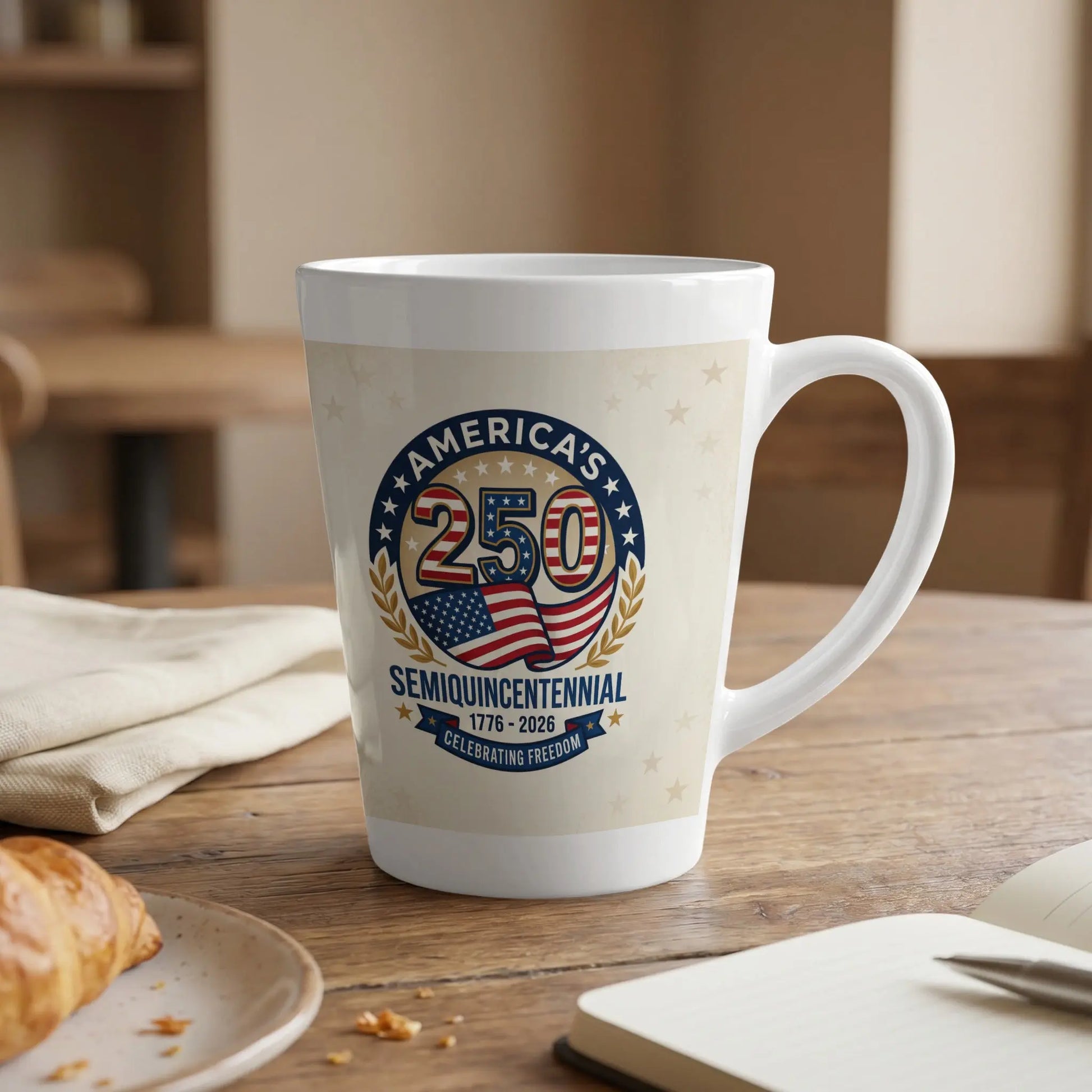 White mug with "America's 250 Semiquincentennial 1776-2026 Celebrating Freedom" logo.