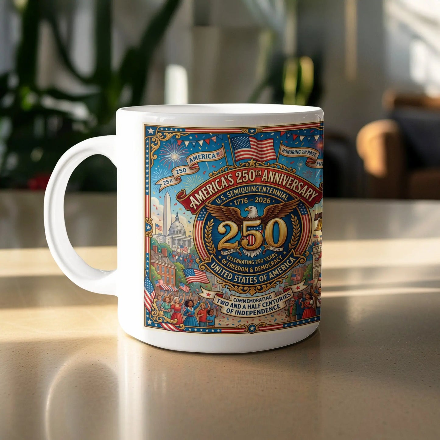 White mug with America's 250th Anniversary design featuring the US Capitol and eagle.