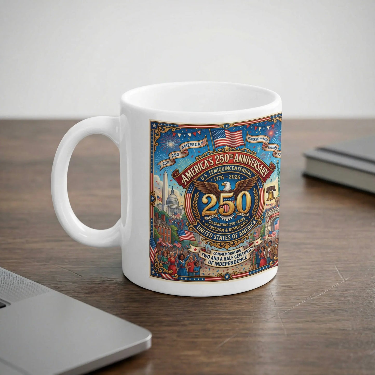 White mug with America's 250th Anniversary design, featuring an eagle and patriotic imagery.