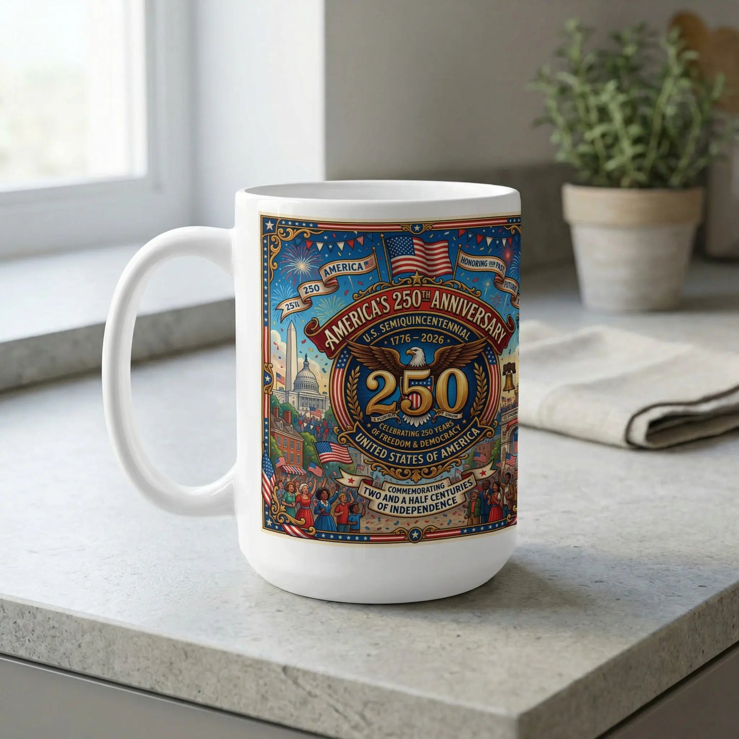White mug with America's 250th Anniversary detailed scene and text.