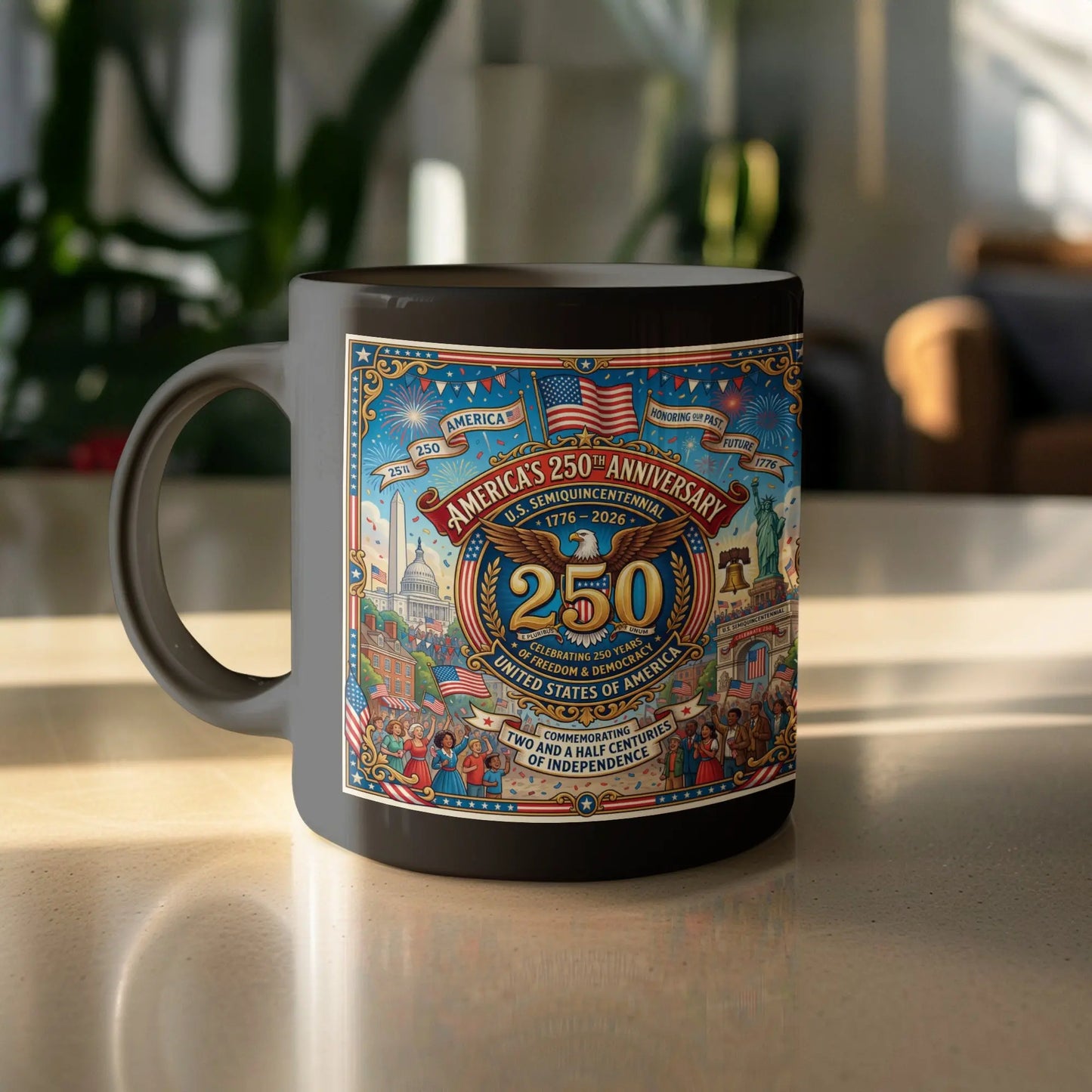 Mug with America's 250th Anniversary artwork, featuring landmarks, flags, and an eagle.