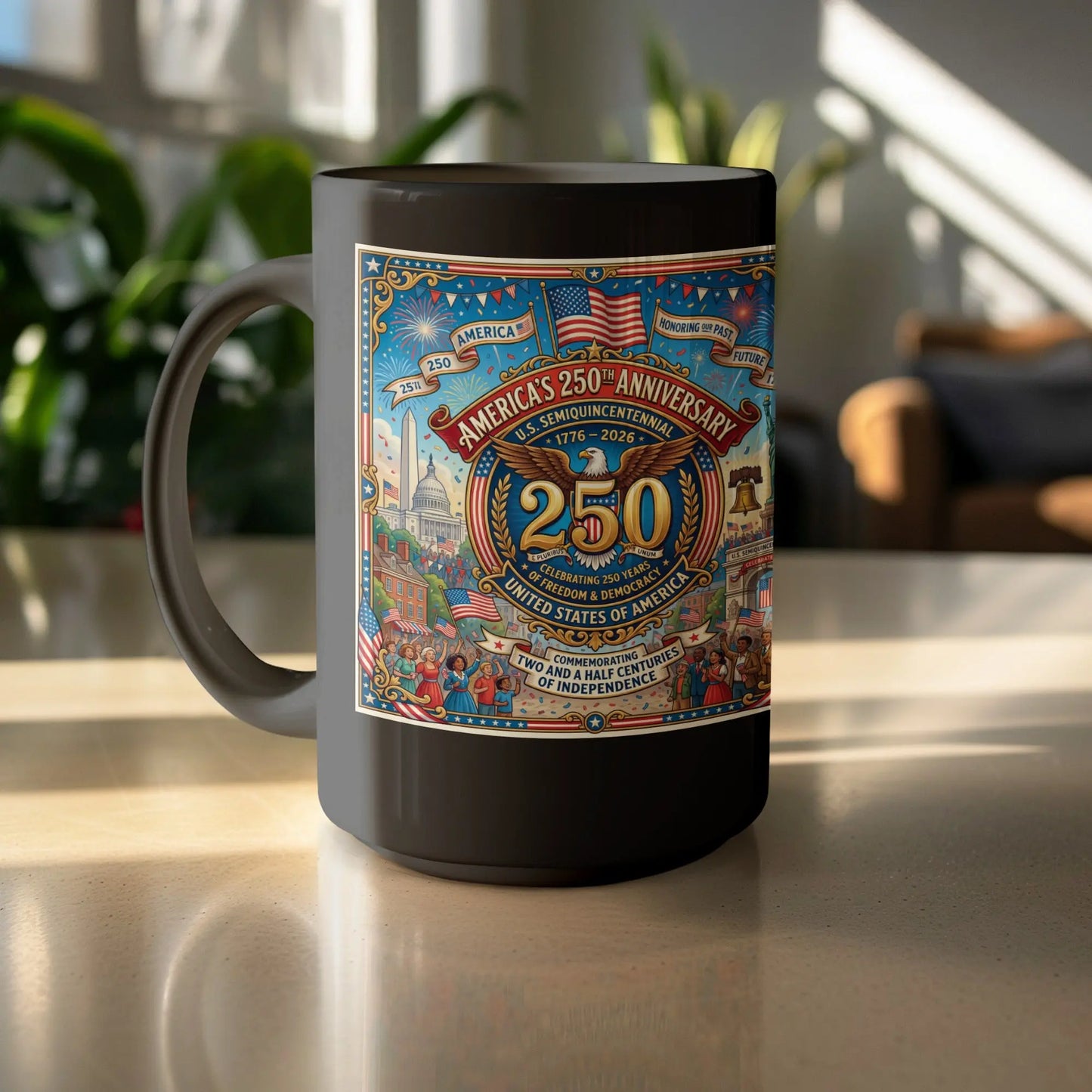 Black mug with America's 250th Anniversary design featuring iconic landmarks and figures.