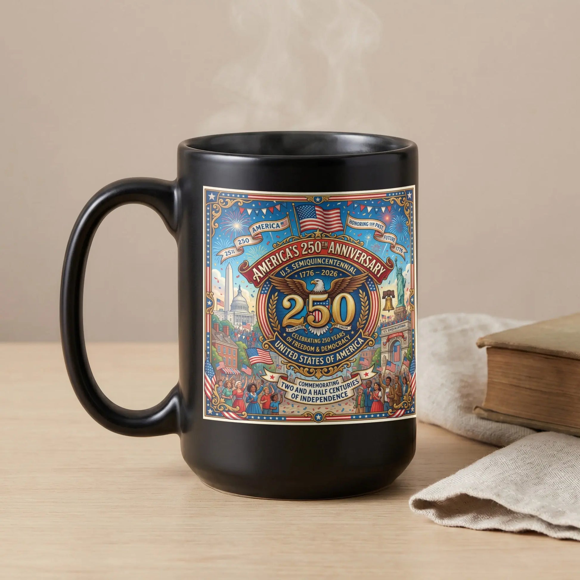 Black mug with America's 250th Anniversary design featuring patriotic imagery, text, and steam.