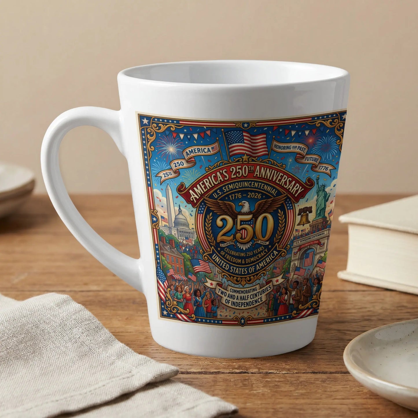 White mug with "America's 250th Anniversary" patriotic design celebrating 1776-2026.