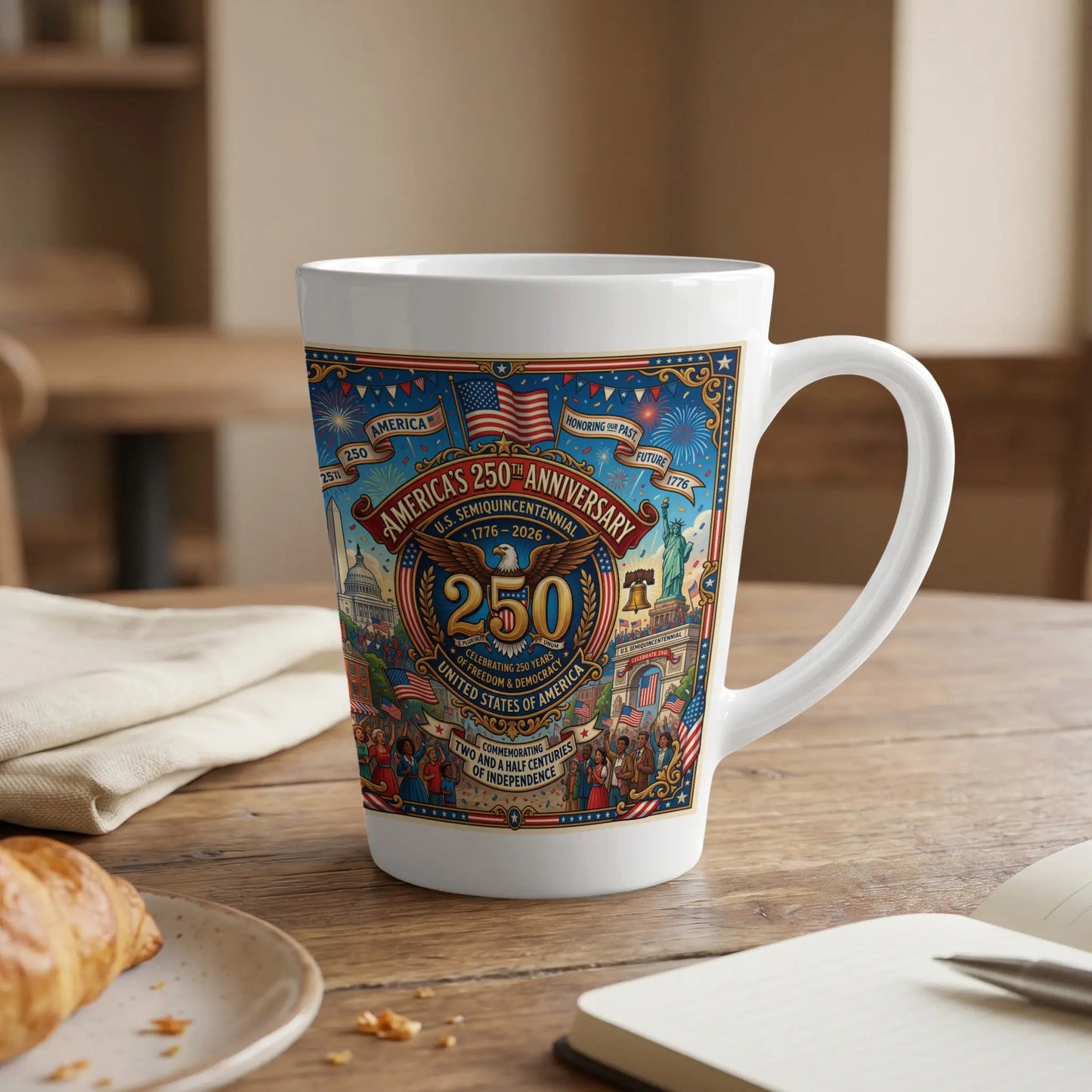 White mug celebrating America's 250th Semiquincentennial anniversary.