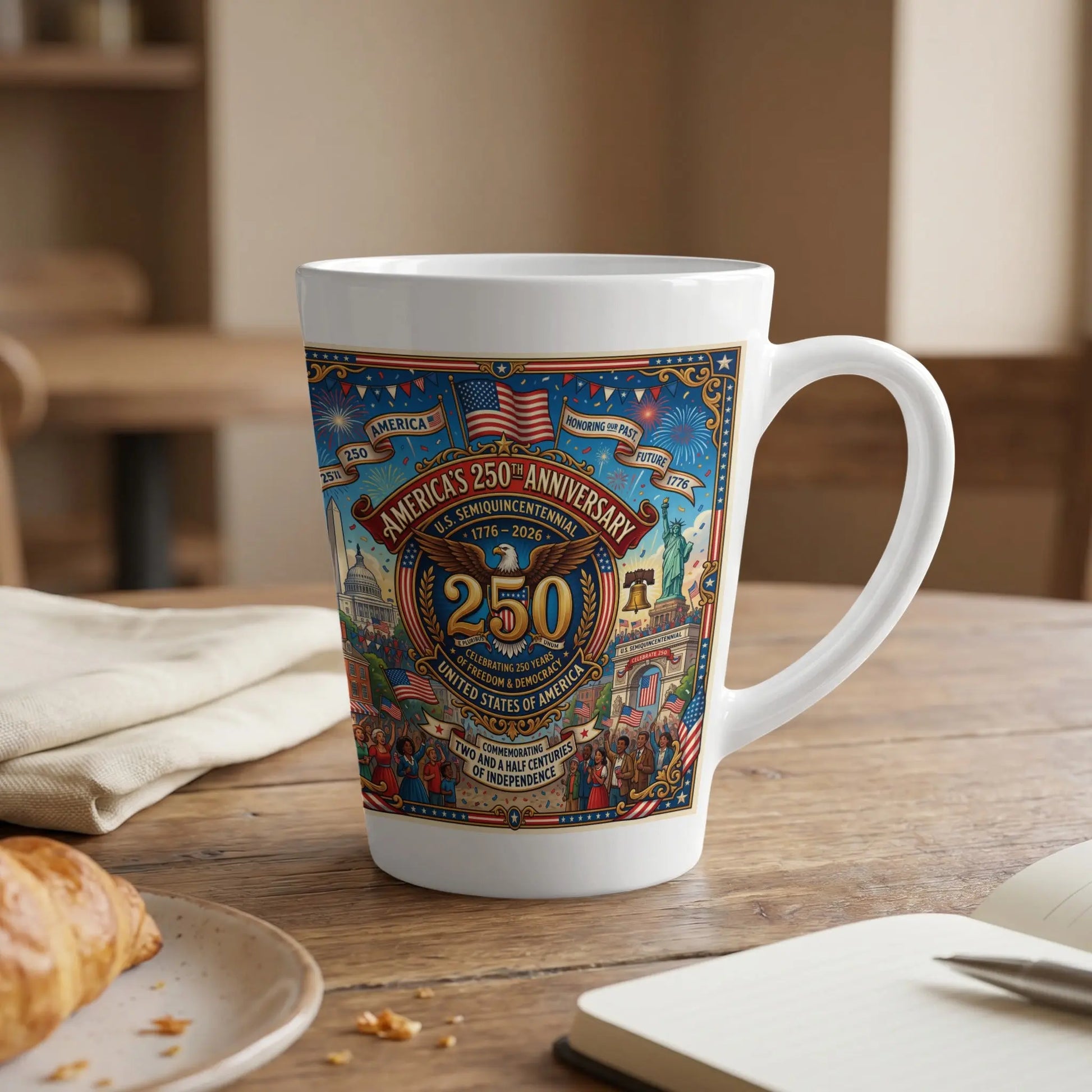 White mug celebrating America's 250th Semiquincentennial anniversary.