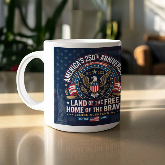 White mug celebrating America's 250th anniversary with patriotic imagery and text.