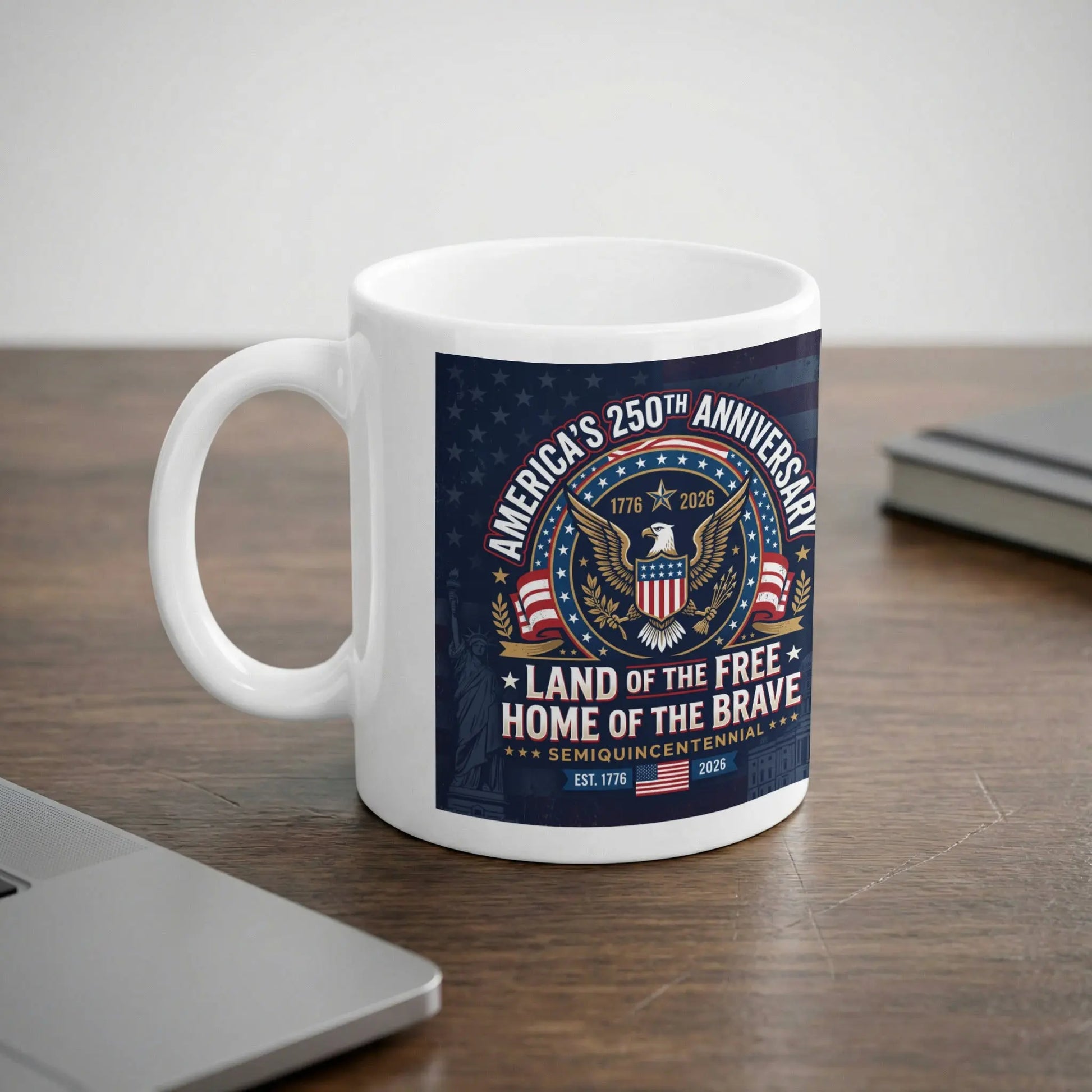 White mug with "America's 250th Anniversary" and patriotic eagle design.