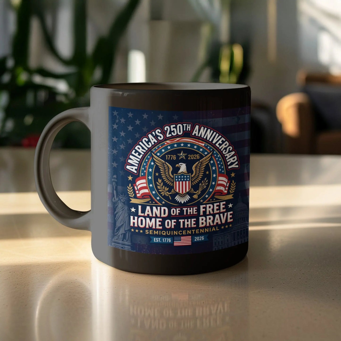 Mug with America's 250th Anniversary design featuring eagle, Statue of Liberty, and Capitol.