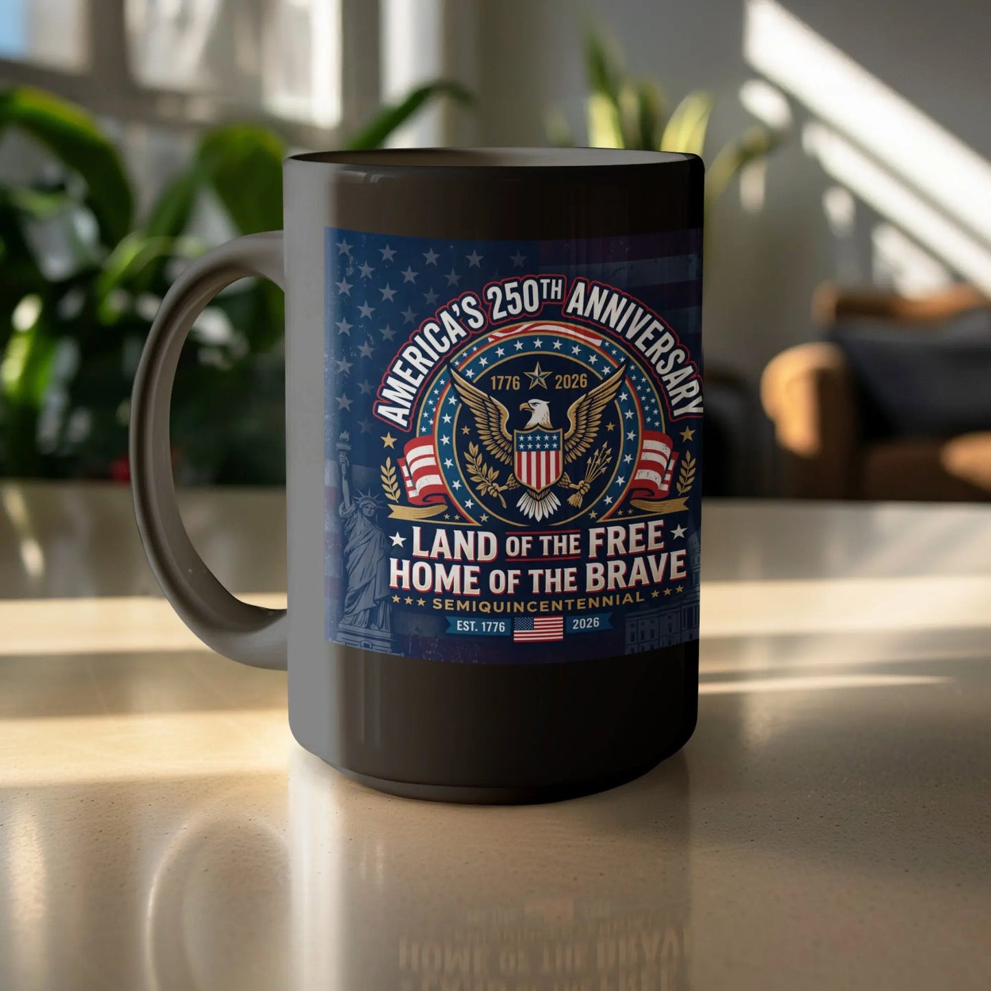 Black mug with America's 250th Anniversary design, featuring eagle and Statue of Liberty.