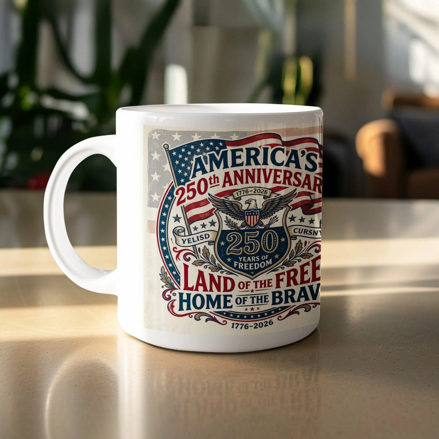 Mug features America's 250th Anniversary design with eagle and patriotic text.