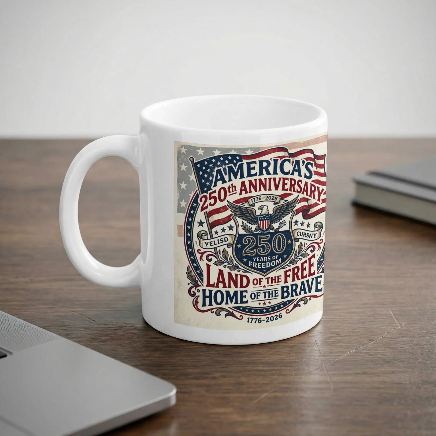 White mug with American flag design celebrating America's 250th Anniversary 1776-2026.