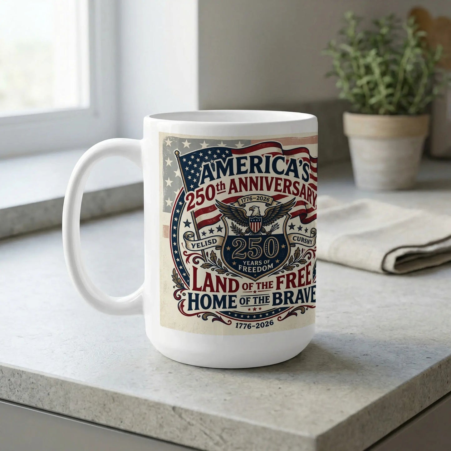 White mug with "America's 250th Anniversary" design and patriotic symbols.