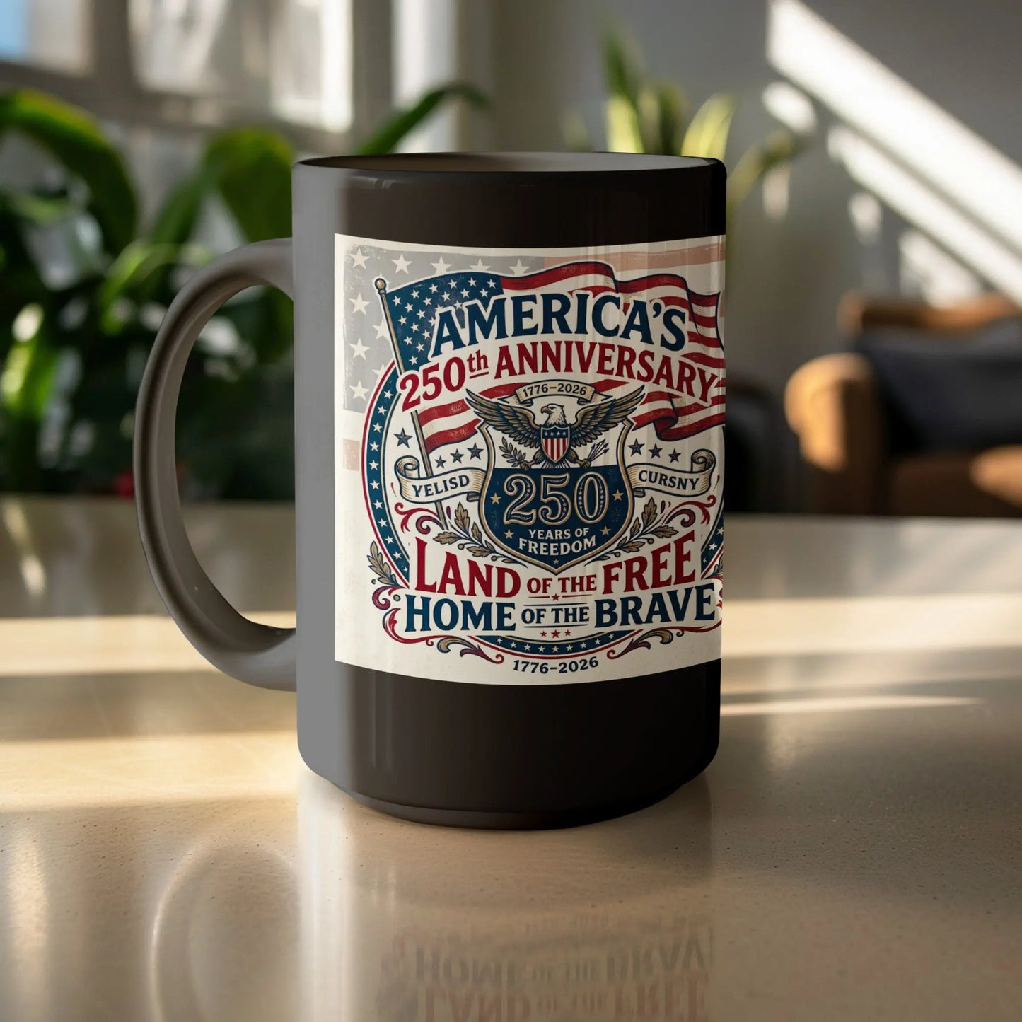 Mug with America's 250th Anniversary design, featuring eagle and "Land of the Free".