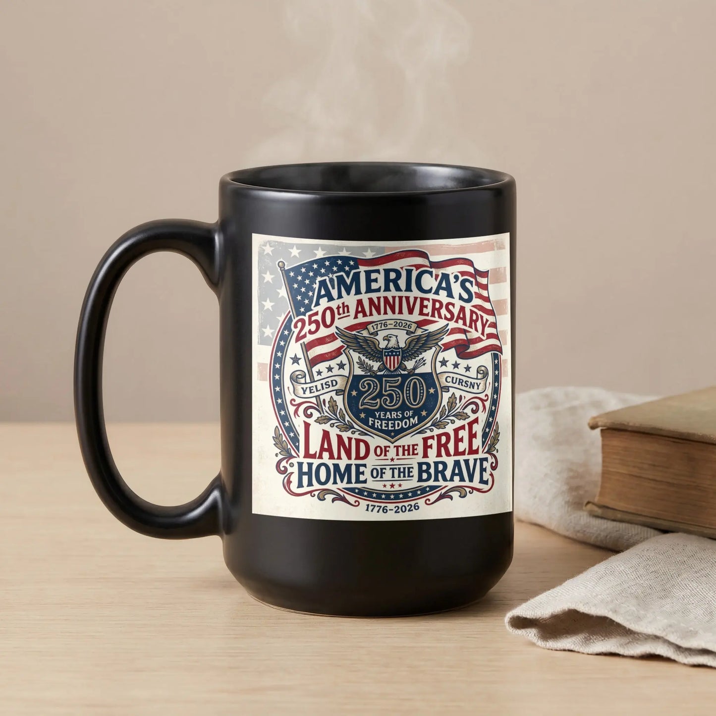 Black mug with America's 250th Anniversary design featuring eagle and patriotic text.