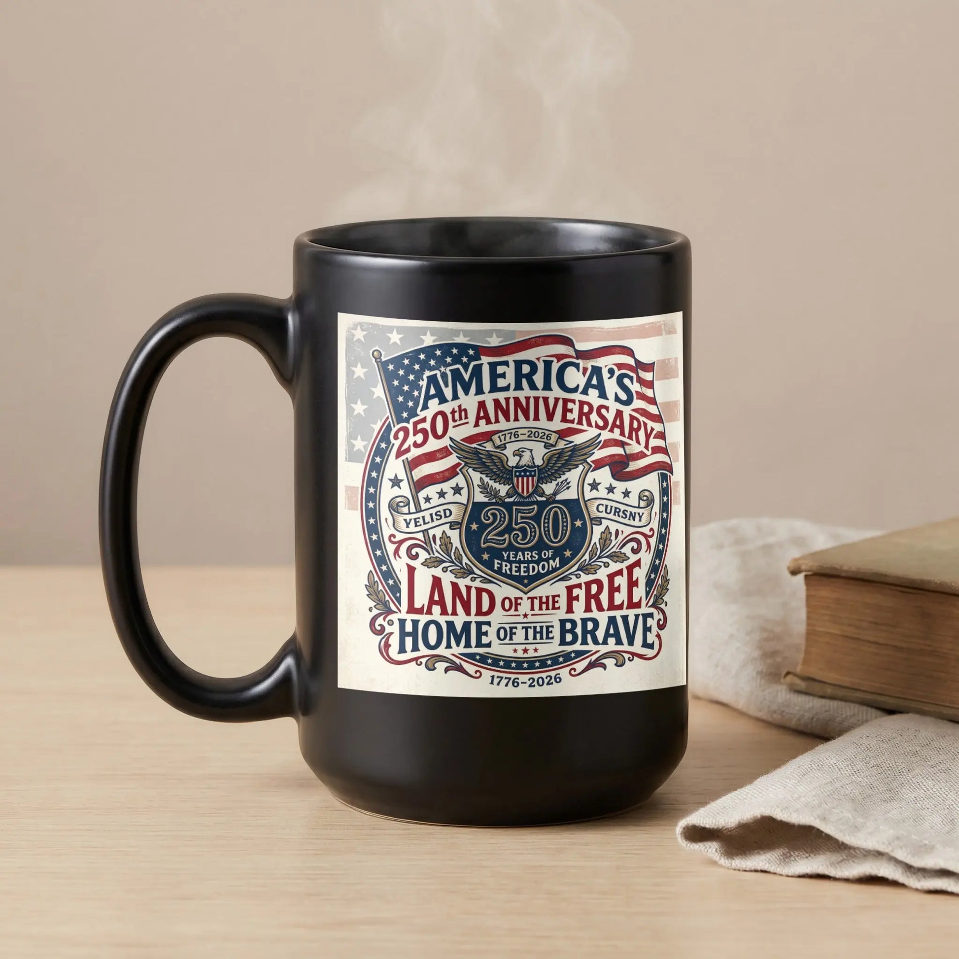 Black mug with America's 250th Anniversary design featuring eagle and patriotic text.