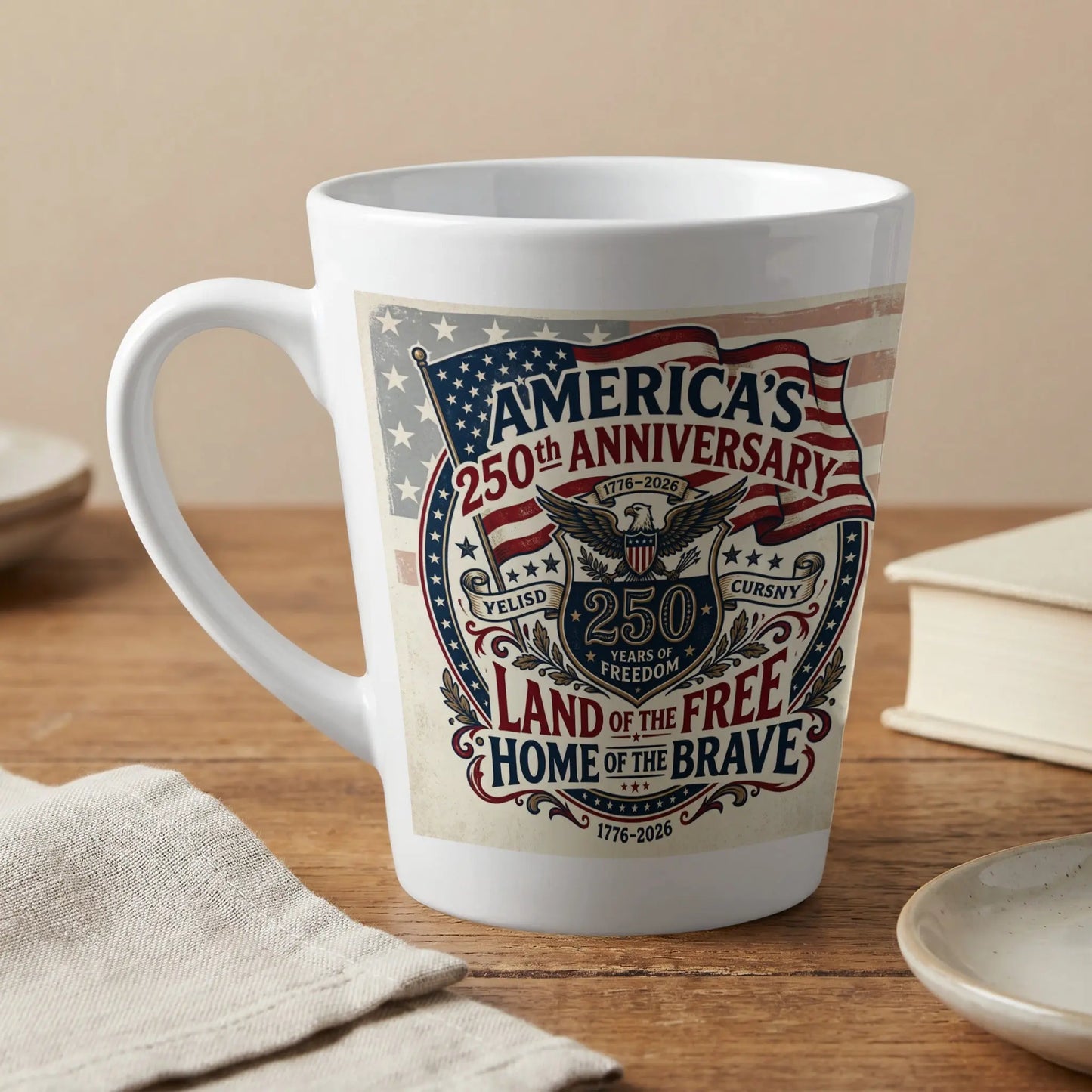 White mug featuring "America's 250th Anniversary" design with an eagle and patriotic text.
