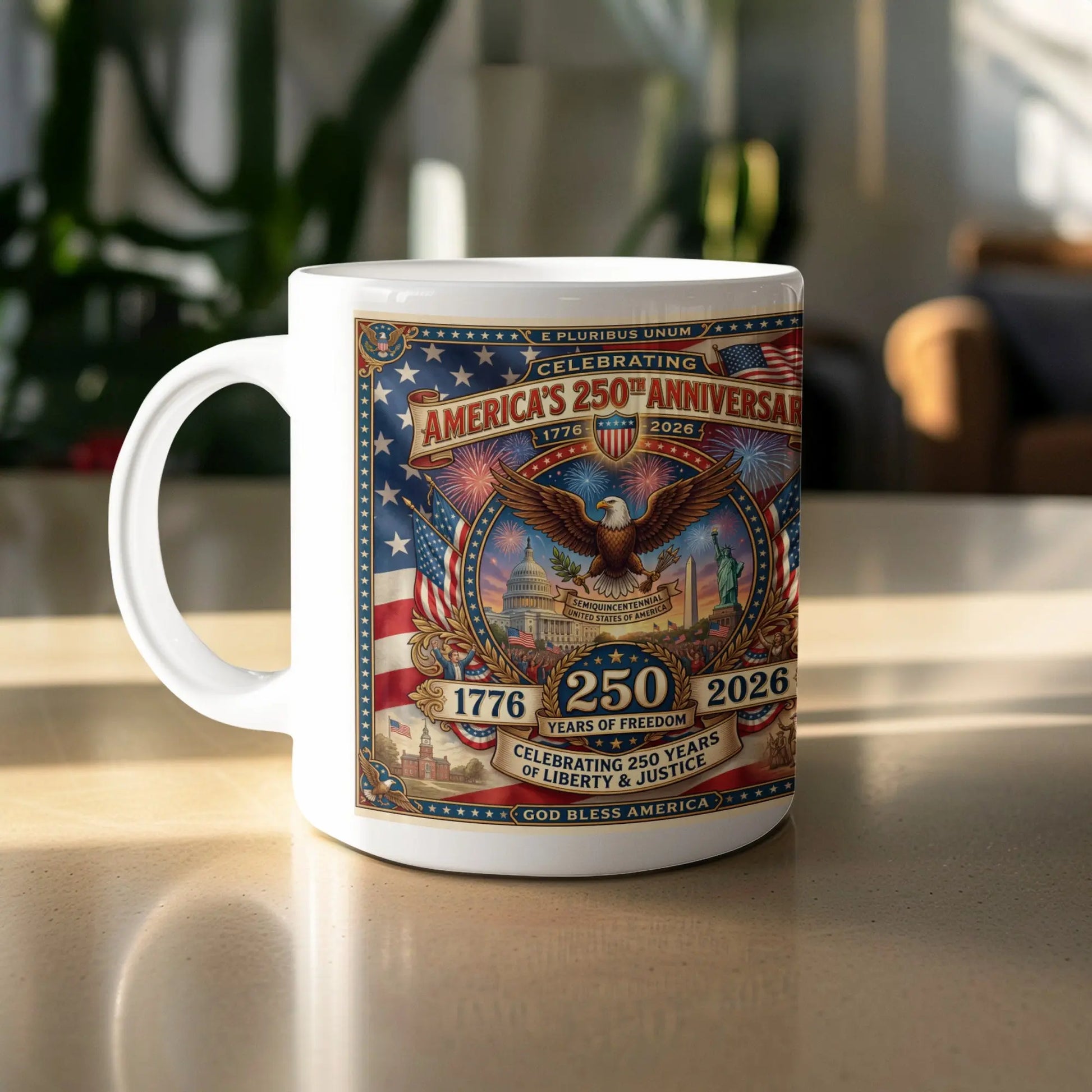 Mug celebrating America's 250th Anniversary, 1776-2026, with eagle and landmarks.
