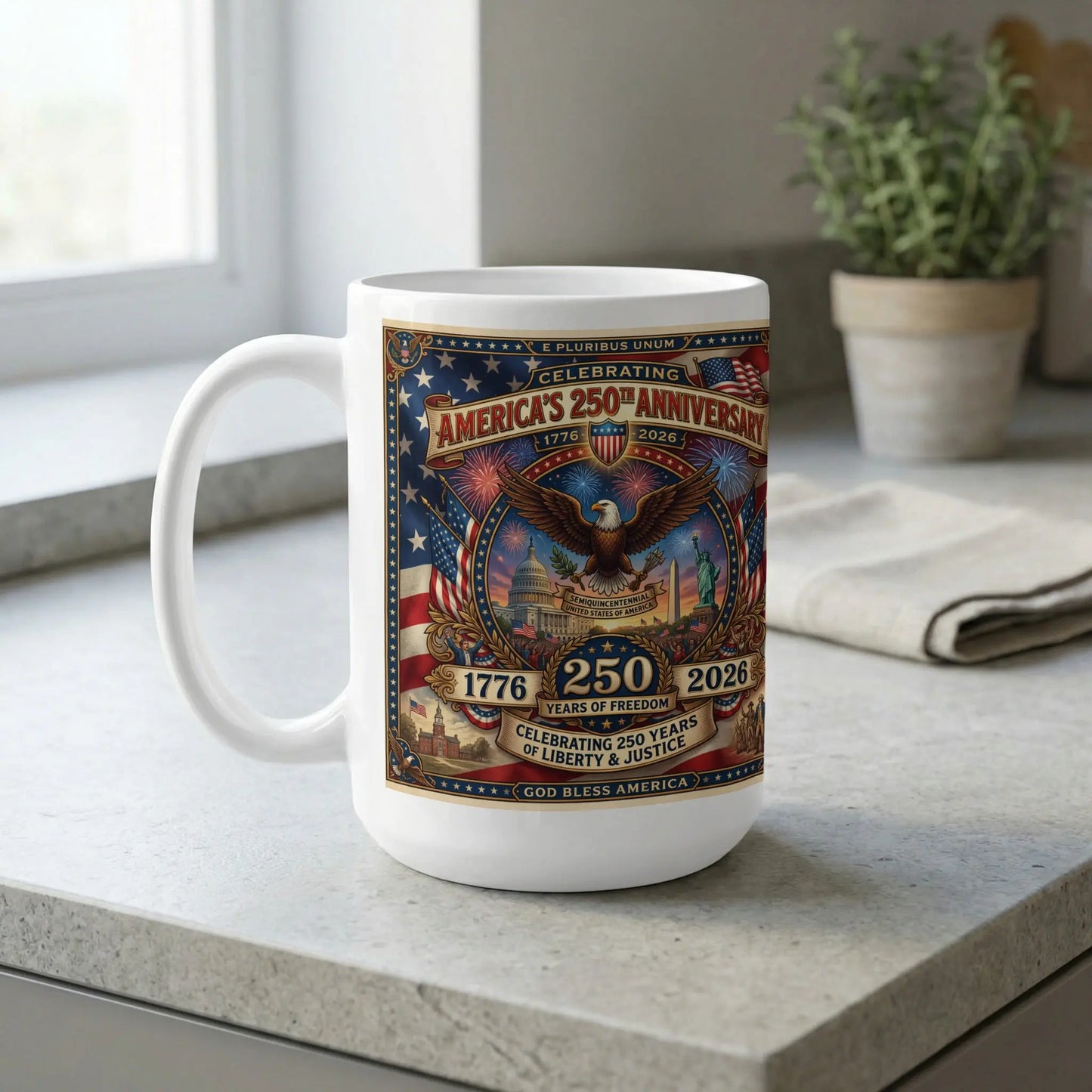 White mug celebrating America's 250th Anniversary with eagle, landmarks, and fireworks.