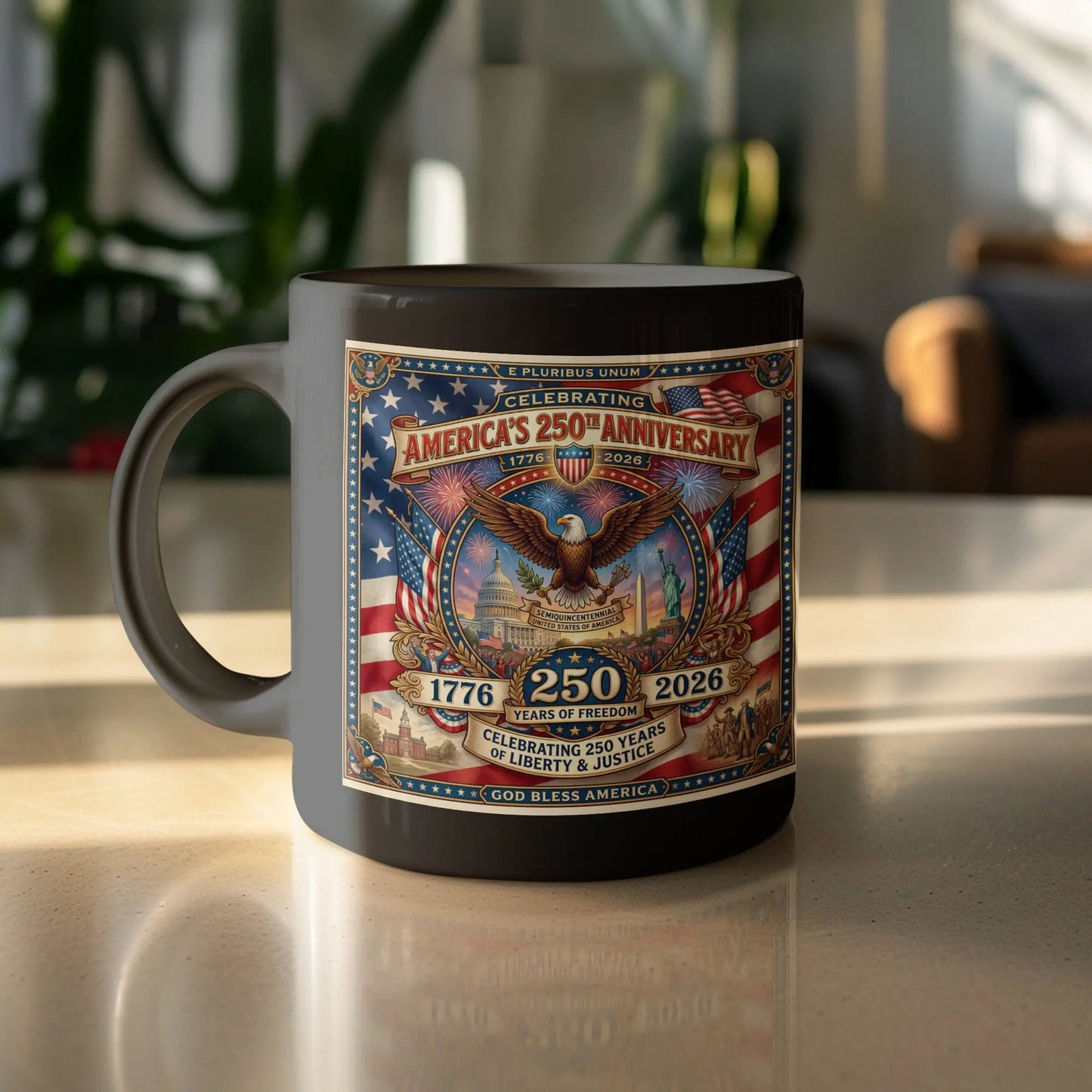 Mug with "America's 250th Anniversary 1776-2026" design featuring eagle.