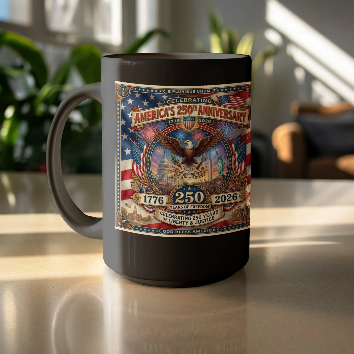 Black mug with America's 250th Anniversary design, featuring eagle, US landmarks, and patriotic text.