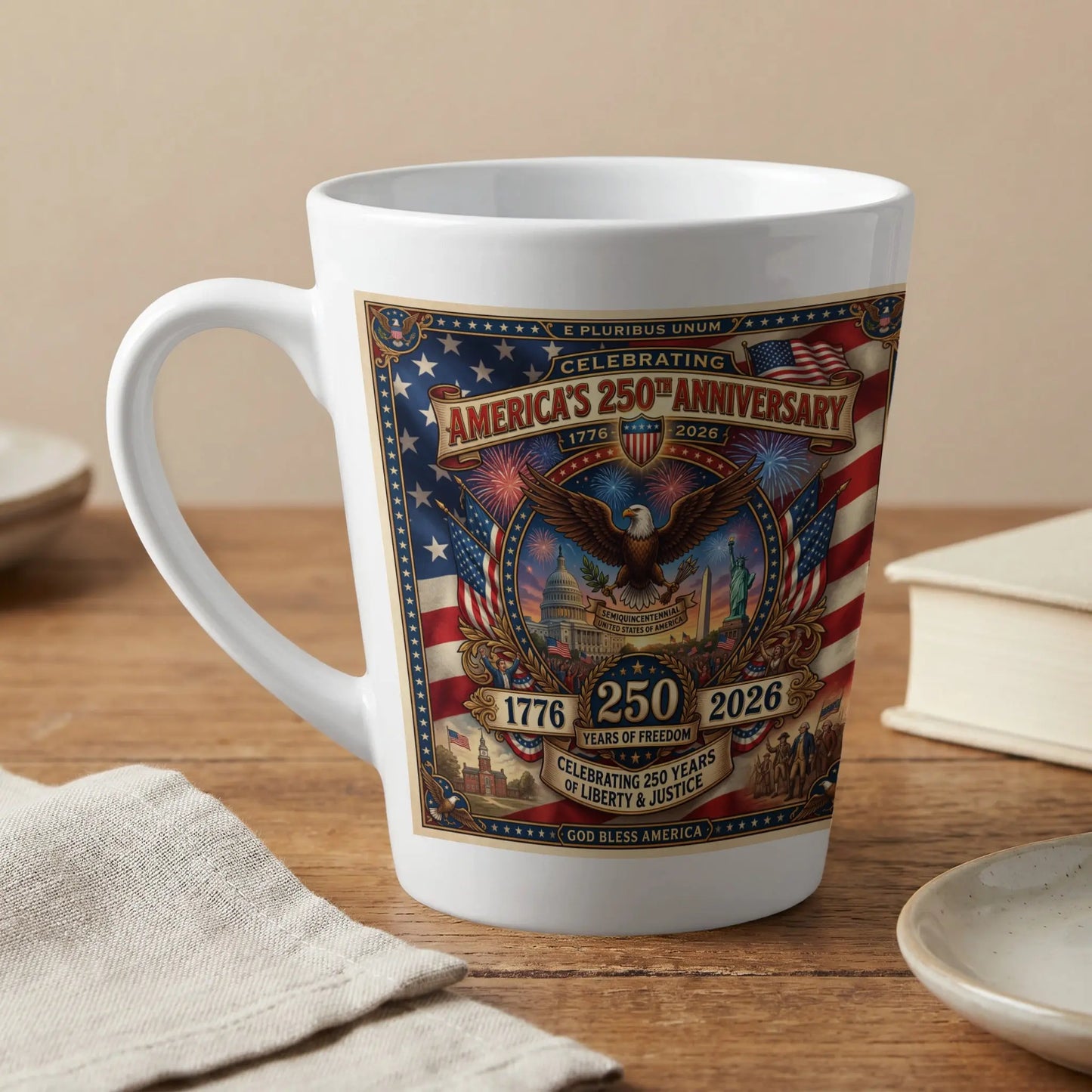 White mug celebrating America's 250th Anniversary with patriotic imagery and text.