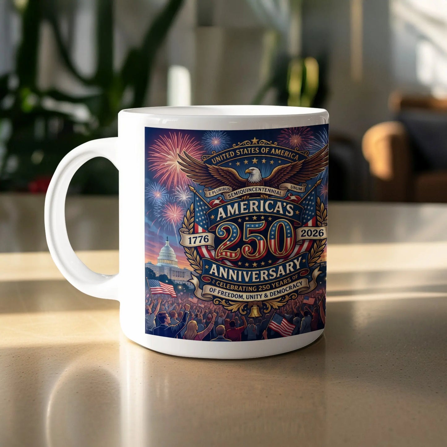 White mug with America's 250th Anniversary design, eagle, Capitol, and fireworks.