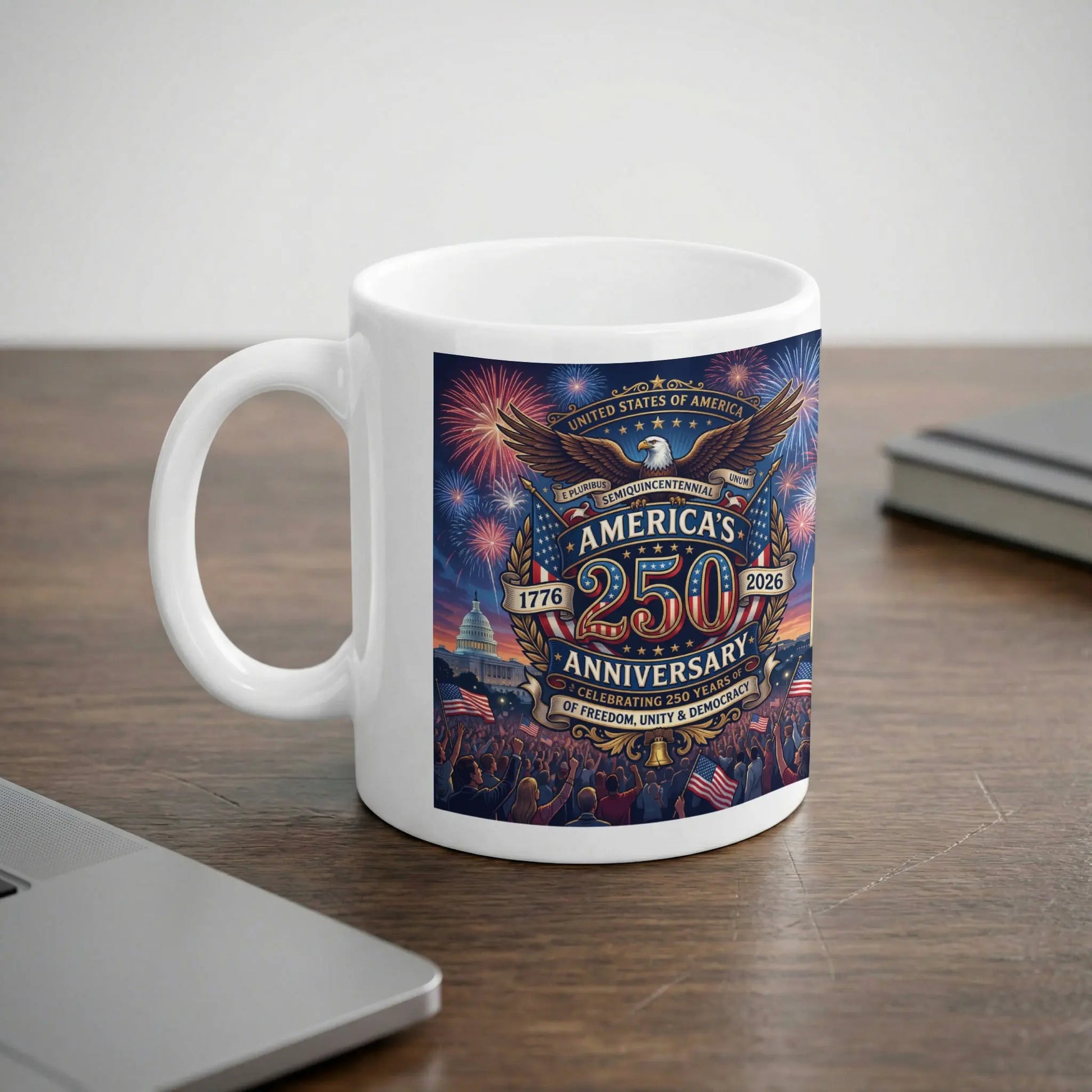 Mug celebrating America's 250th anniversary with fireworks, eagle, and patriotic imagery.