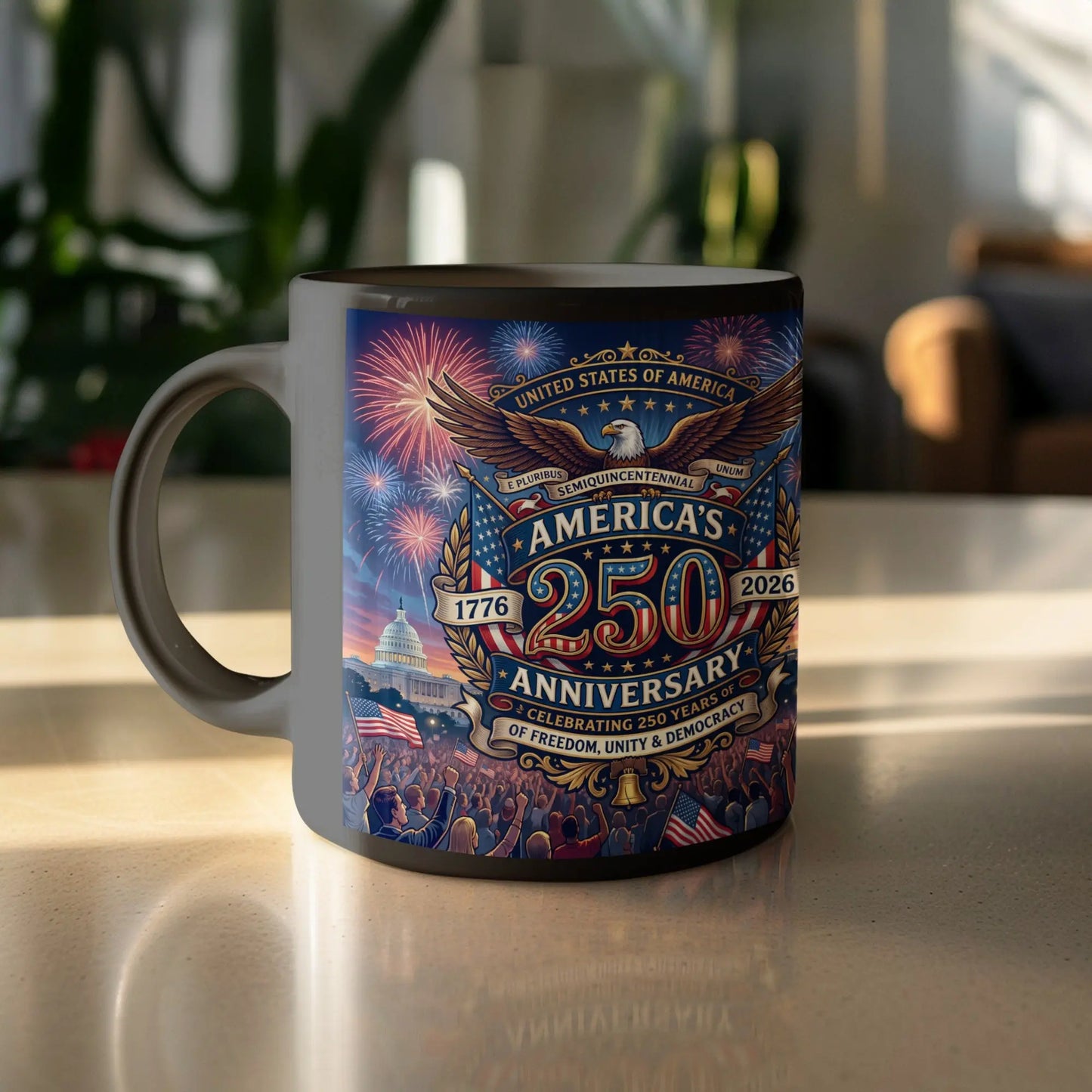 Mug celebrating America's 250th Anniversary with patriotic imagery and an eagle.