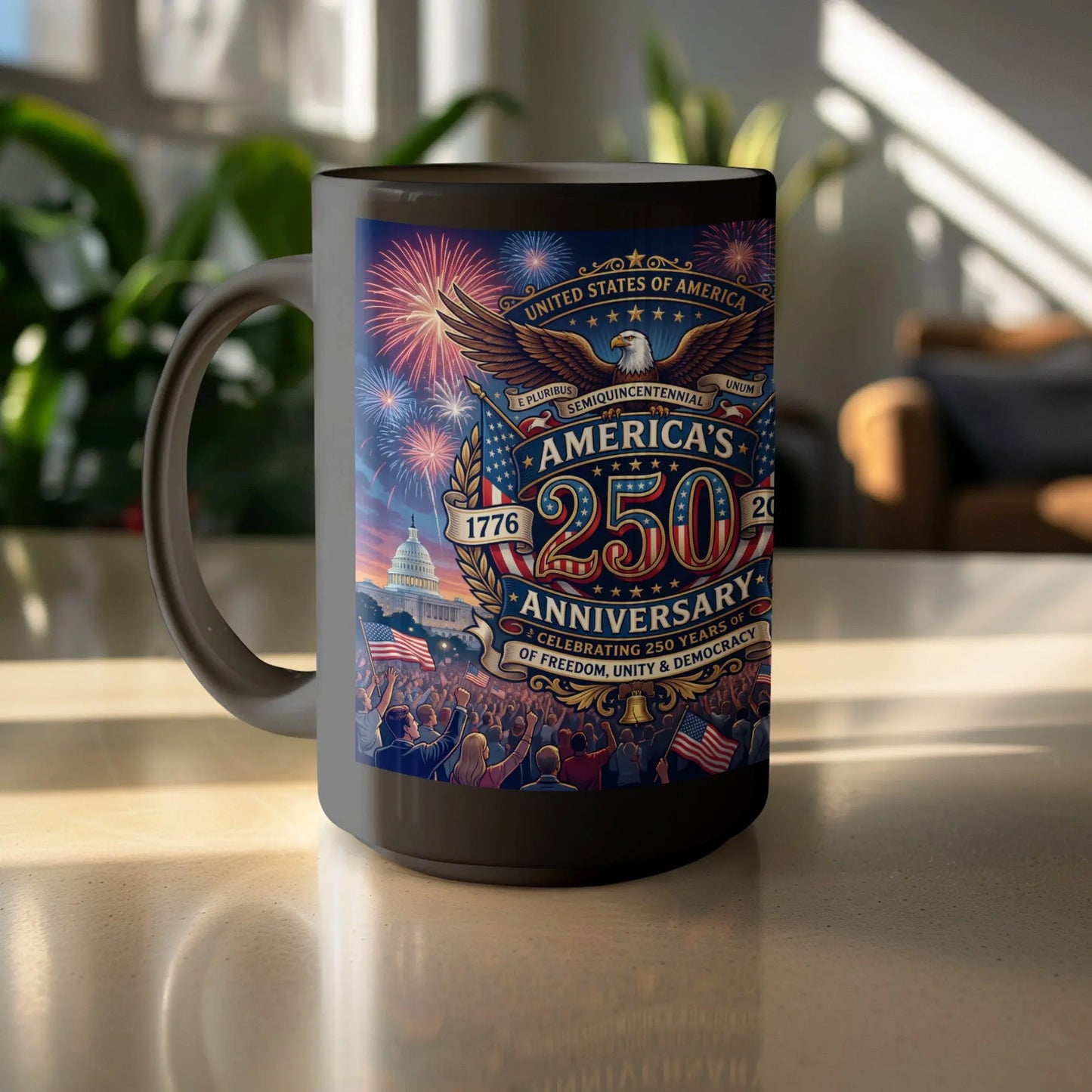 Mug featuring the United States America's 250th Anniversary with eagle and fireworks.