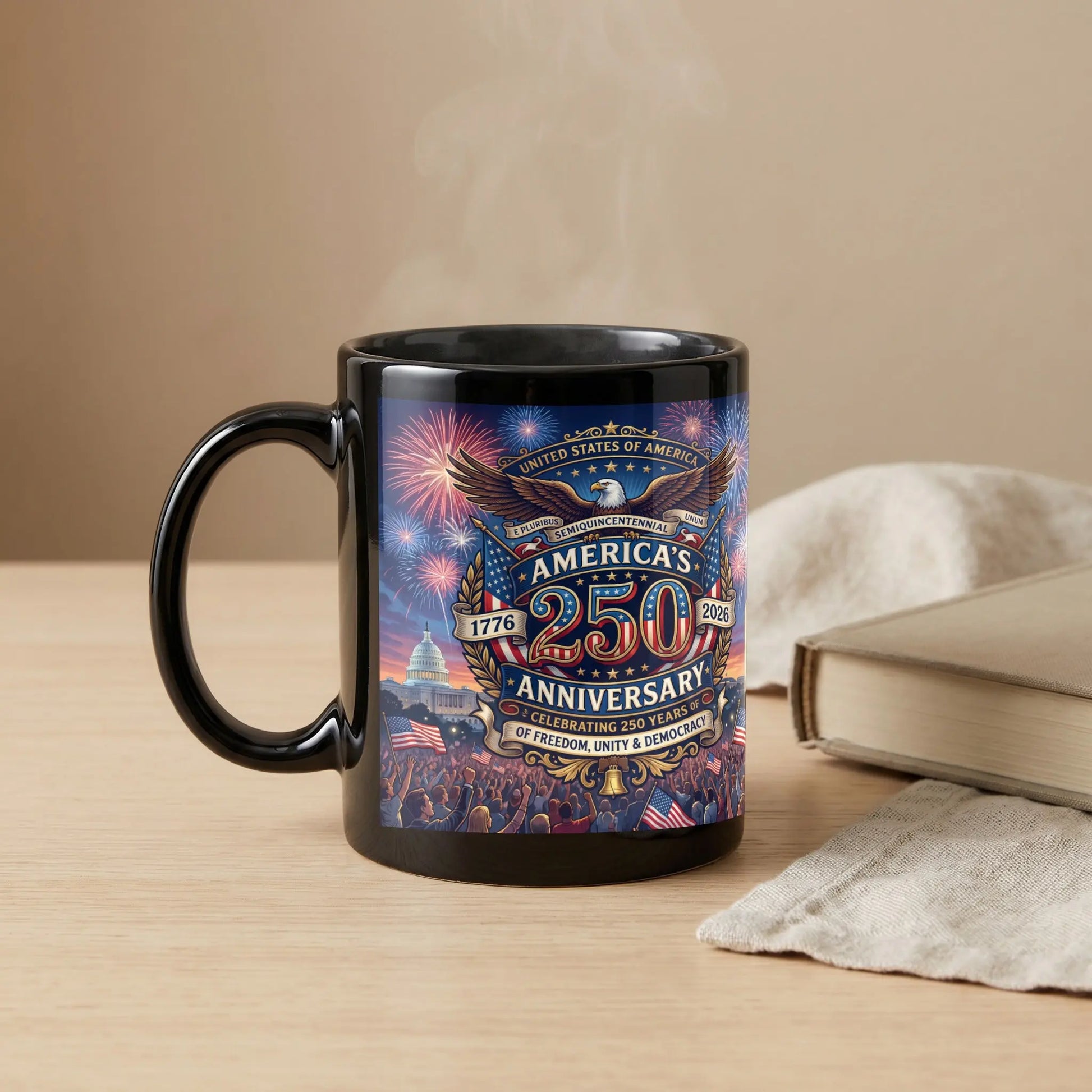 Black mug with America's 250th Anniversary design, featuring an eagle and fireworks.
