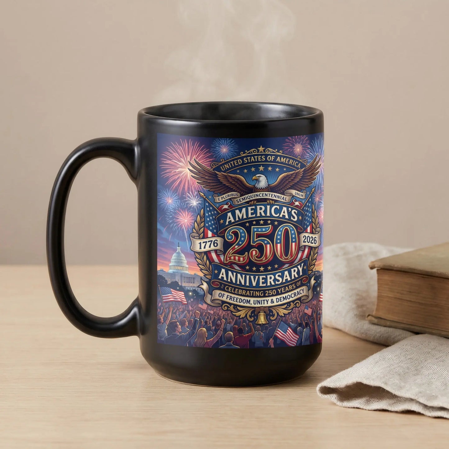 Black mug with American flag, fireworks, and "America's 250th Anniversary" text.
