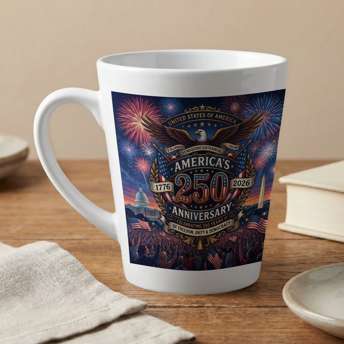 Mug graphic celebrating America's 250th Anniversary with fireworks, eagle, and Capitol building.