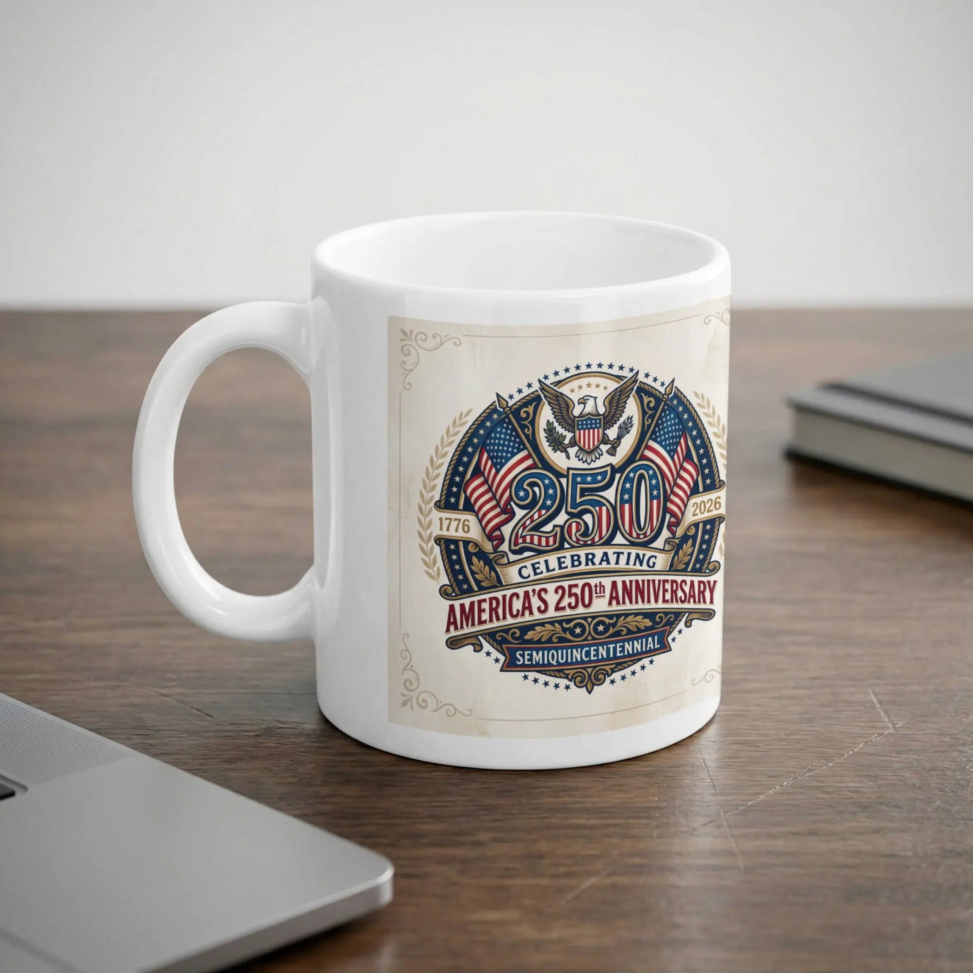 White mug with 250th America's Semiquincentennial Anniversary design.