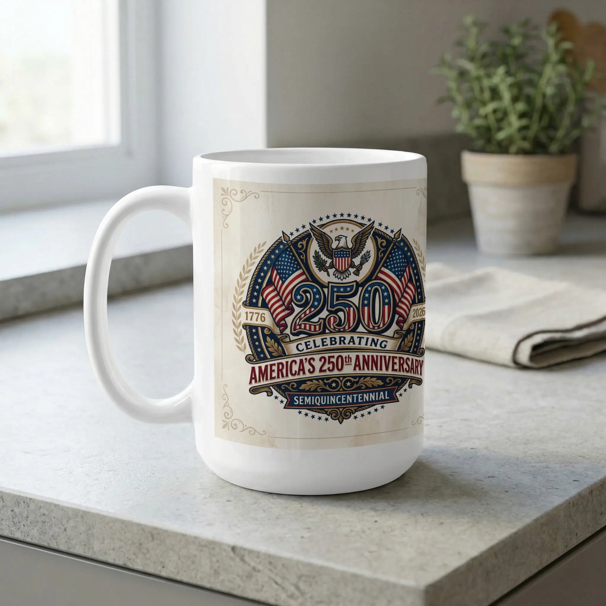White mug celebrating 250th Anniversary of America with eagle, flags, and text.