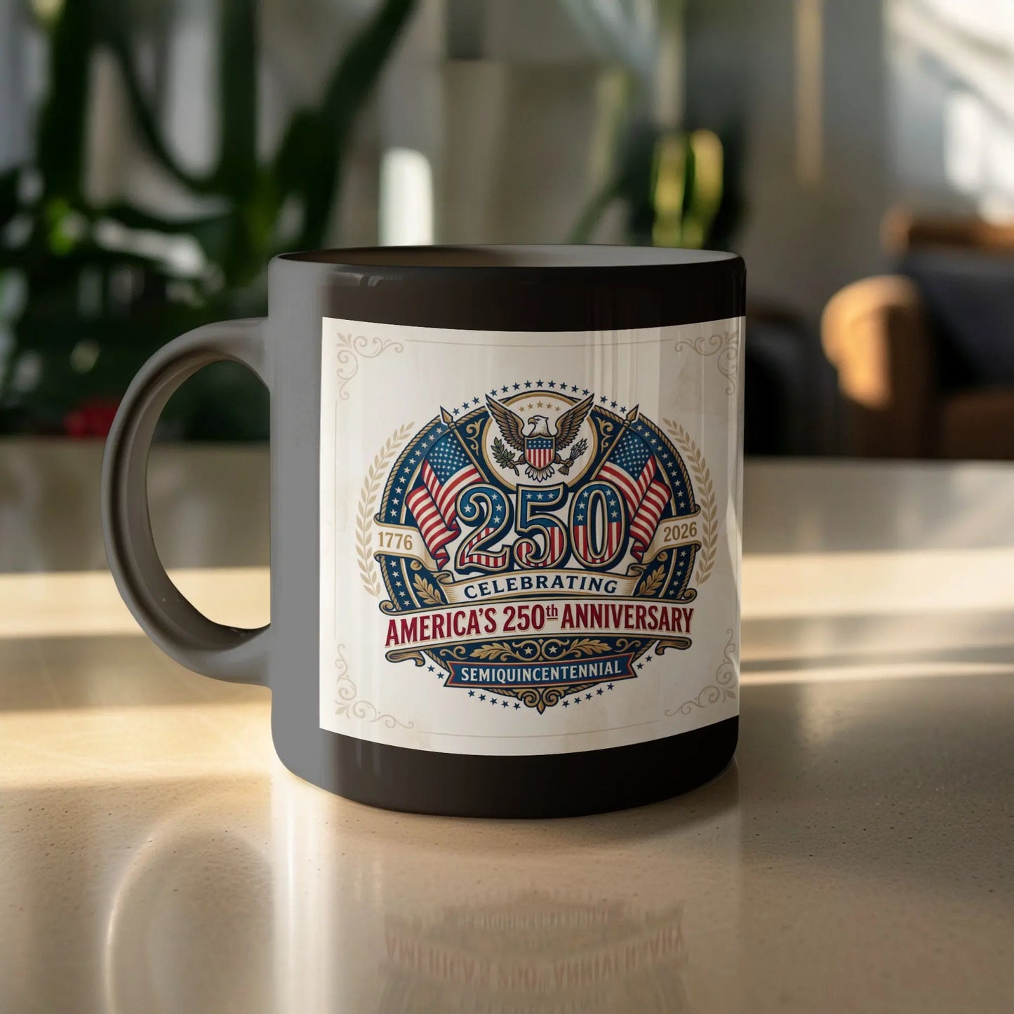 Mug celebrating America's 250th Anniversary with eagle, flags, and "Semiquincentennial" text.