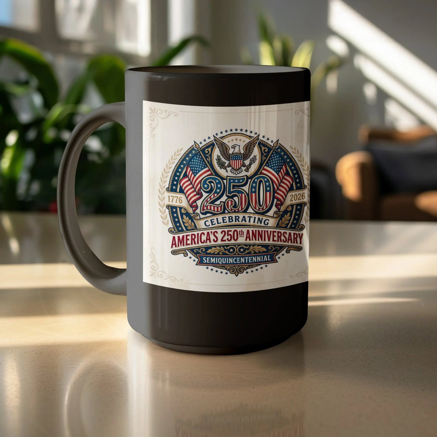 Black mug with 250th Anniversary of America design featuring eagle and flags.