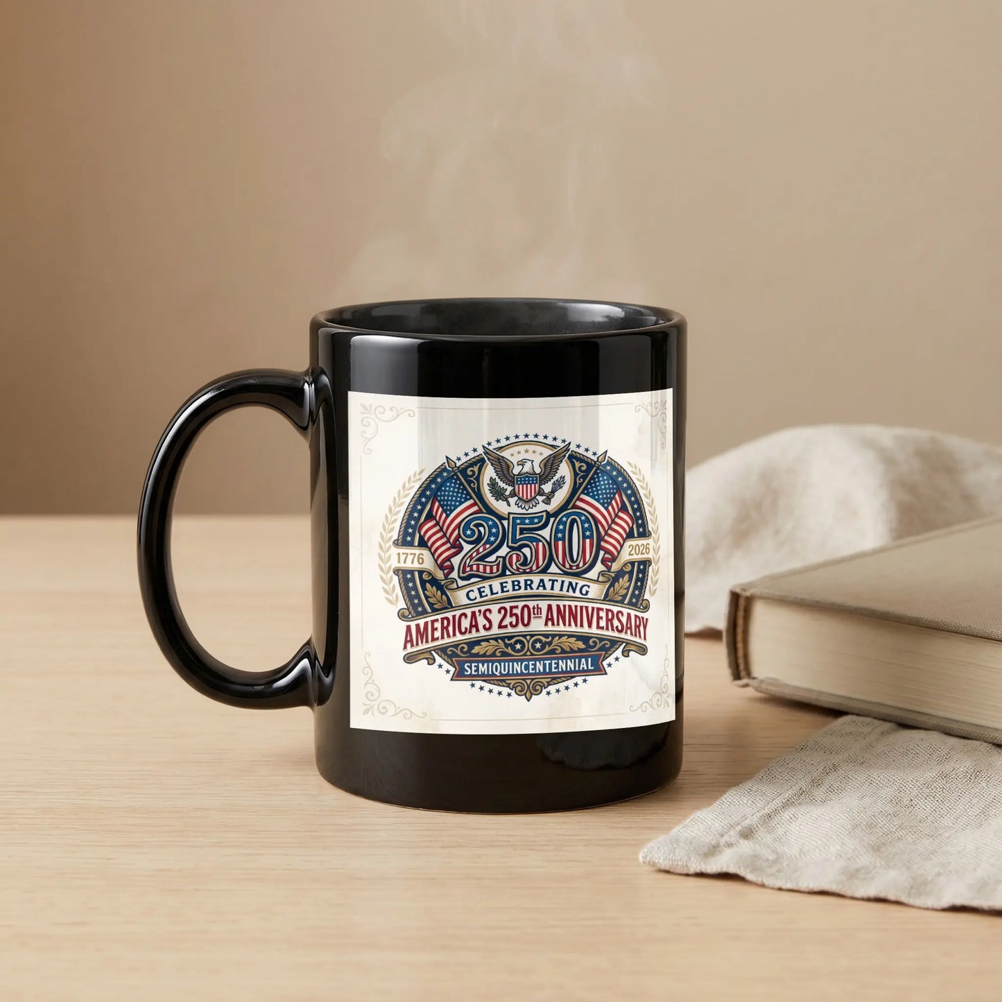 Black mug with 250th anniversary of America theme, 1776-2026.