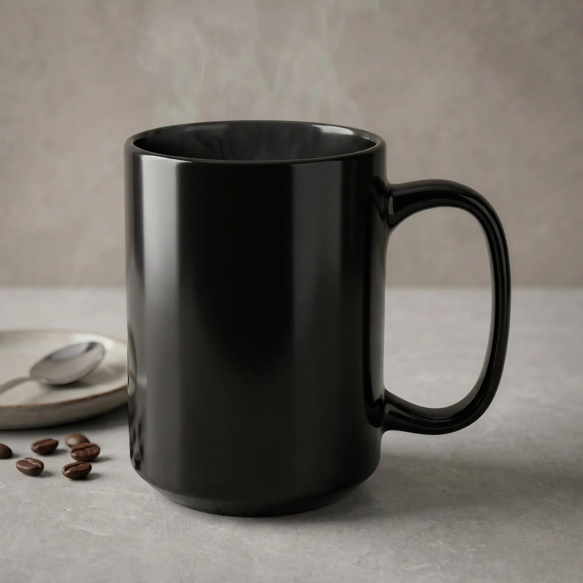 Black mug with steam, coffee beans, and spoon on a textured surface.